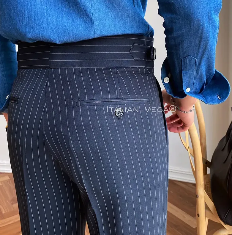 Navy Striped Buttoned Gurkha Pants | Italian Vega® Limited Edition