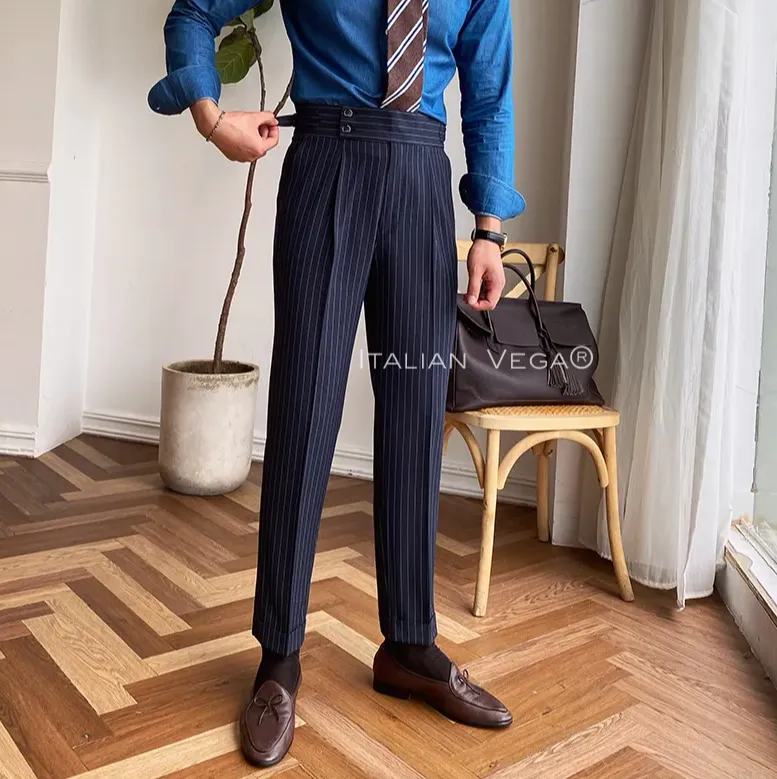 Navy Striped Buttoned Gurkha Pants | Italian Vega® Limited Edition