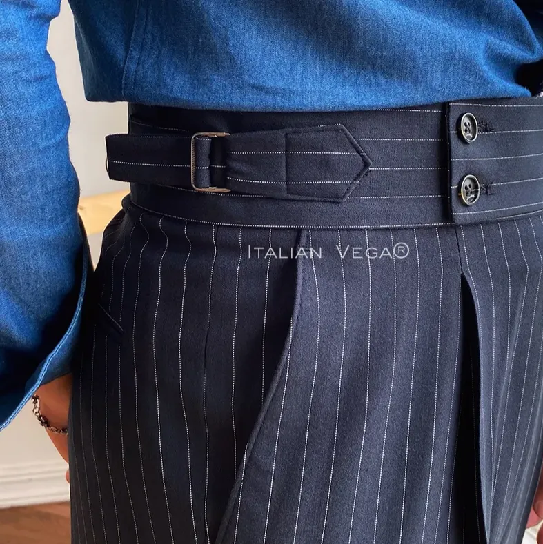 Navy Striped Buttoned Gurkha Pants | Italian Vega® Limited Edition