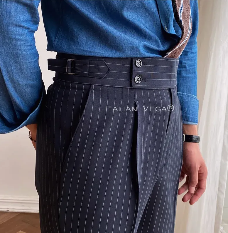 Navy Striped Buttoned Gurkha Pants | Italian Vega® Limited Edition