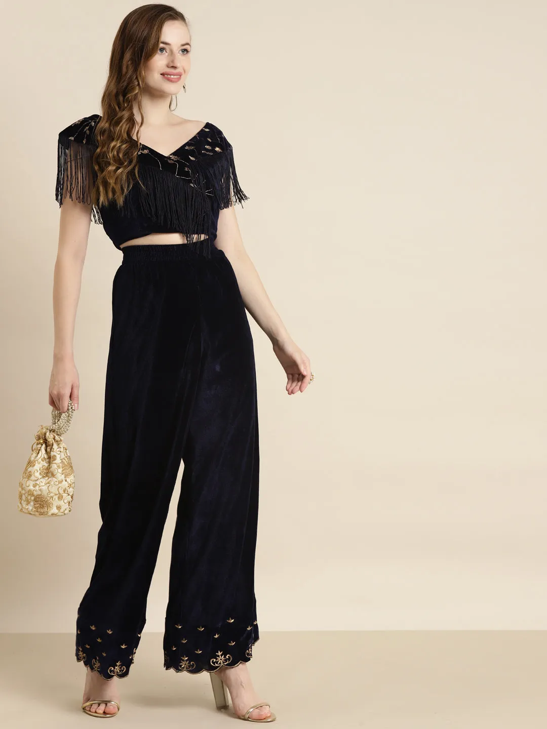 Navy Velvet Embroidered Flared Pants