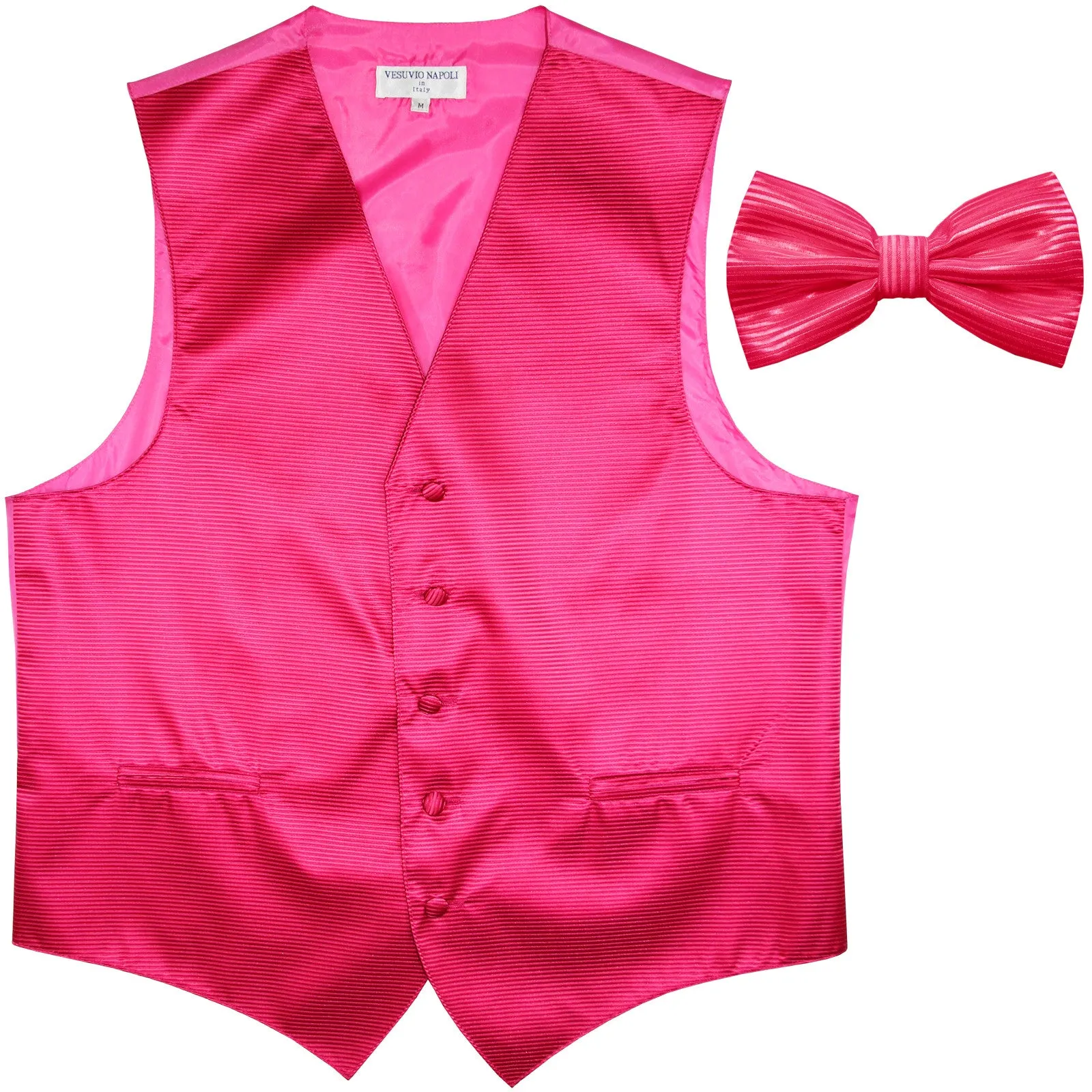 New formal men's tuxedo vest waistcoat & bowtie horizontal stripes prom hot pink