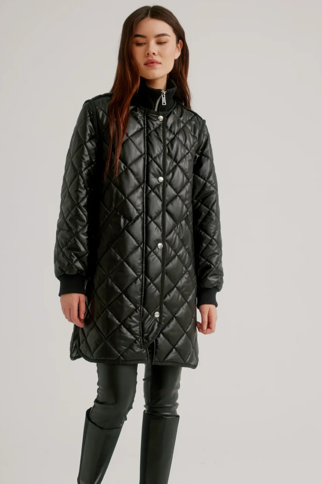 Nikki Jones Vegan Leather Diamond Quilted Coat - Black