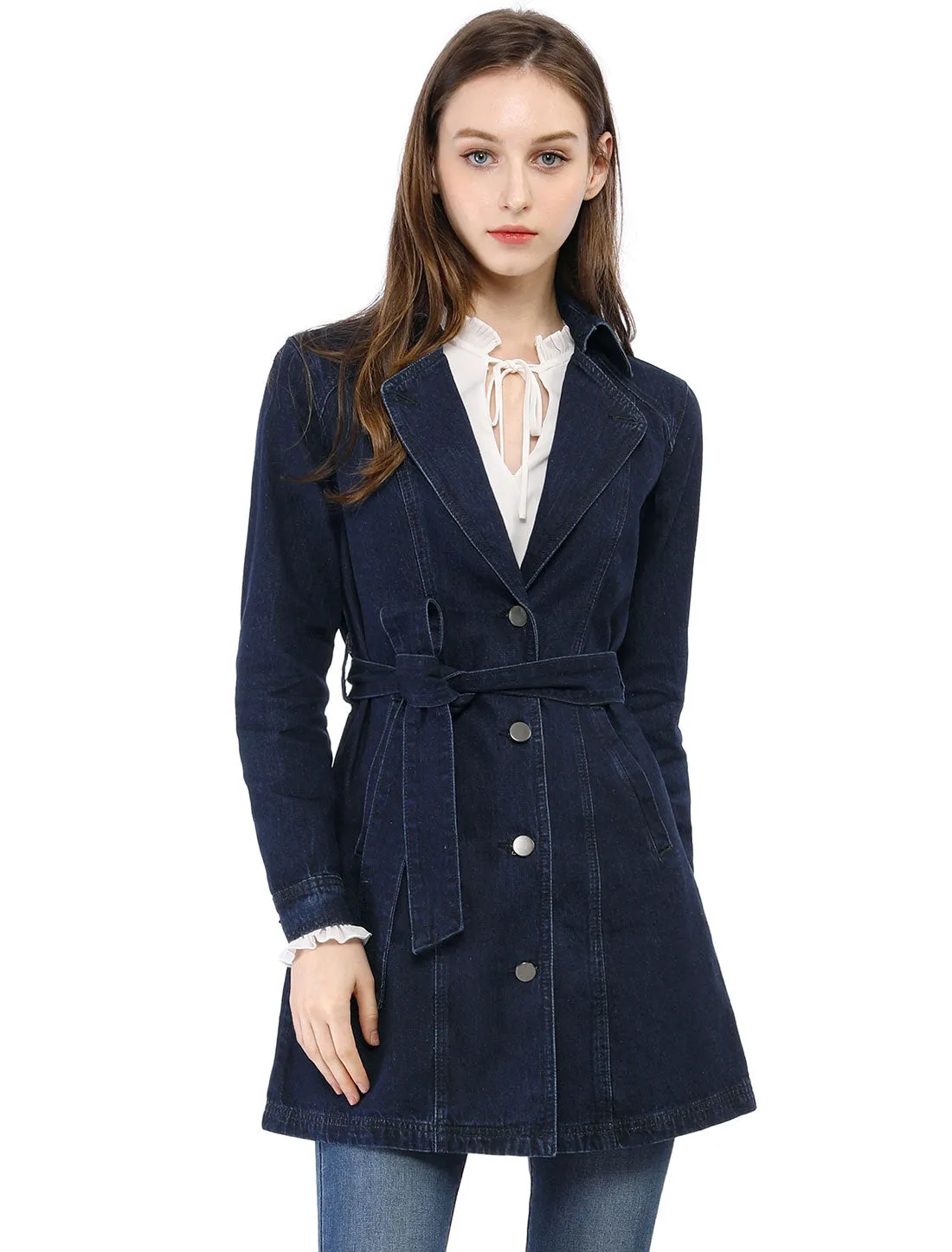 Notched Lapel Belted Trench Long Jean Denim Jacket