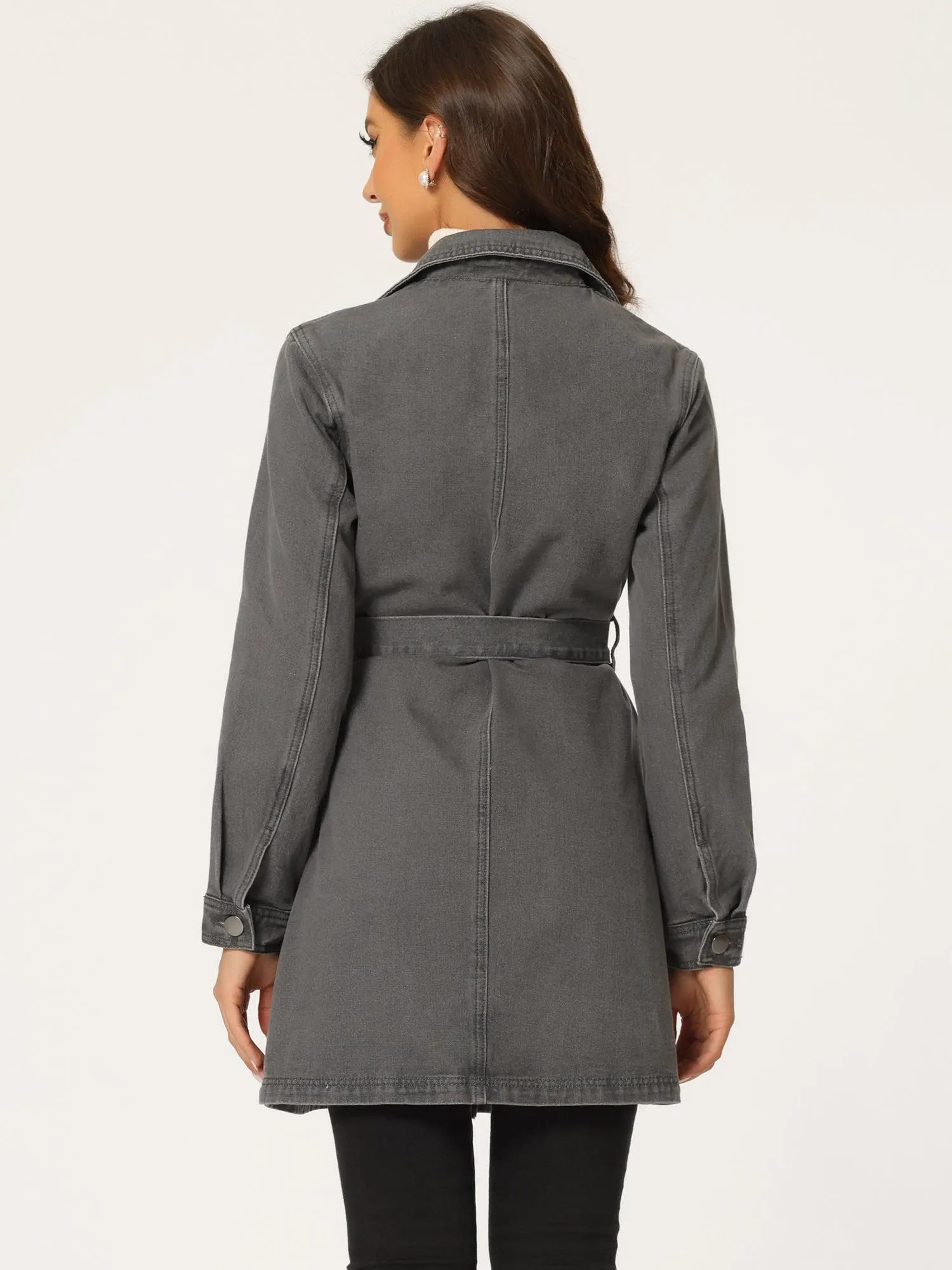 Notched Lapel Belted Trench Long Jean Denim Jacket