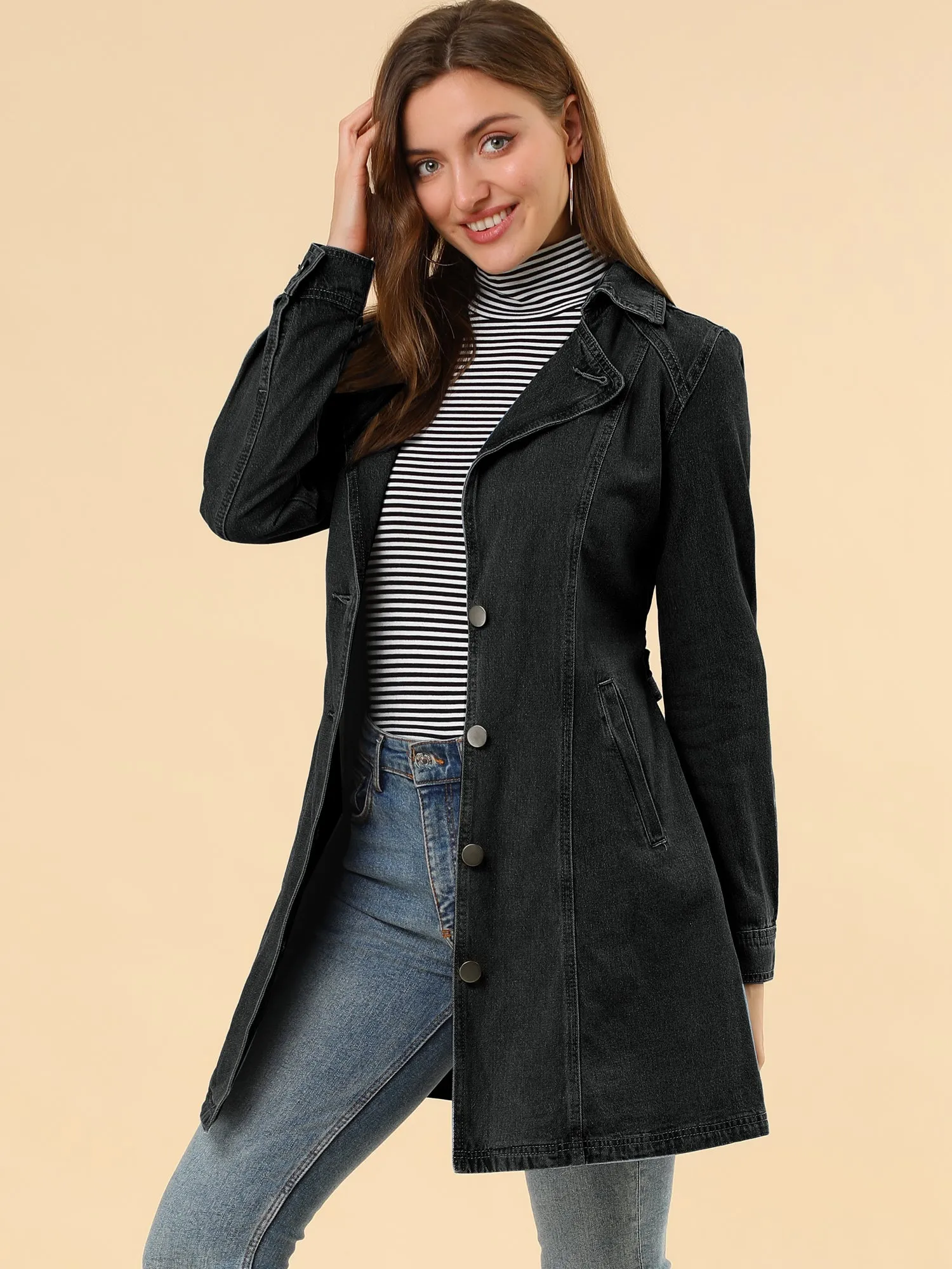 Notched Lapel Belted Trench Long Jean Denim Jacket