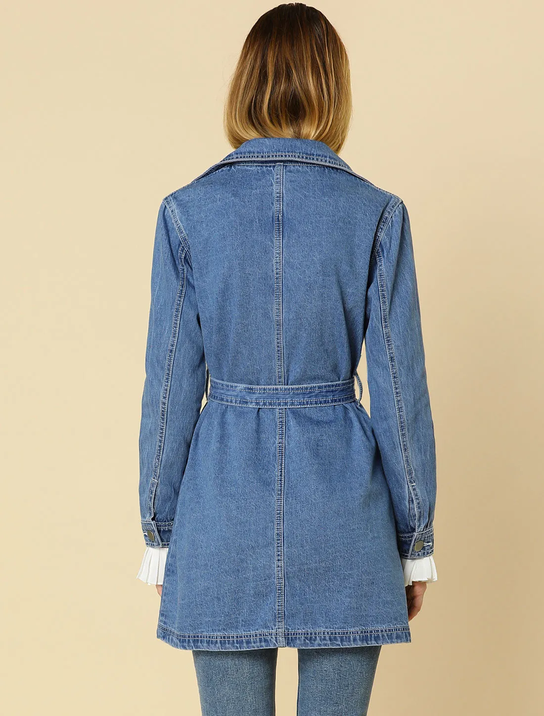 Notched Lapel Belted Trench Long Jean Denim Jacket