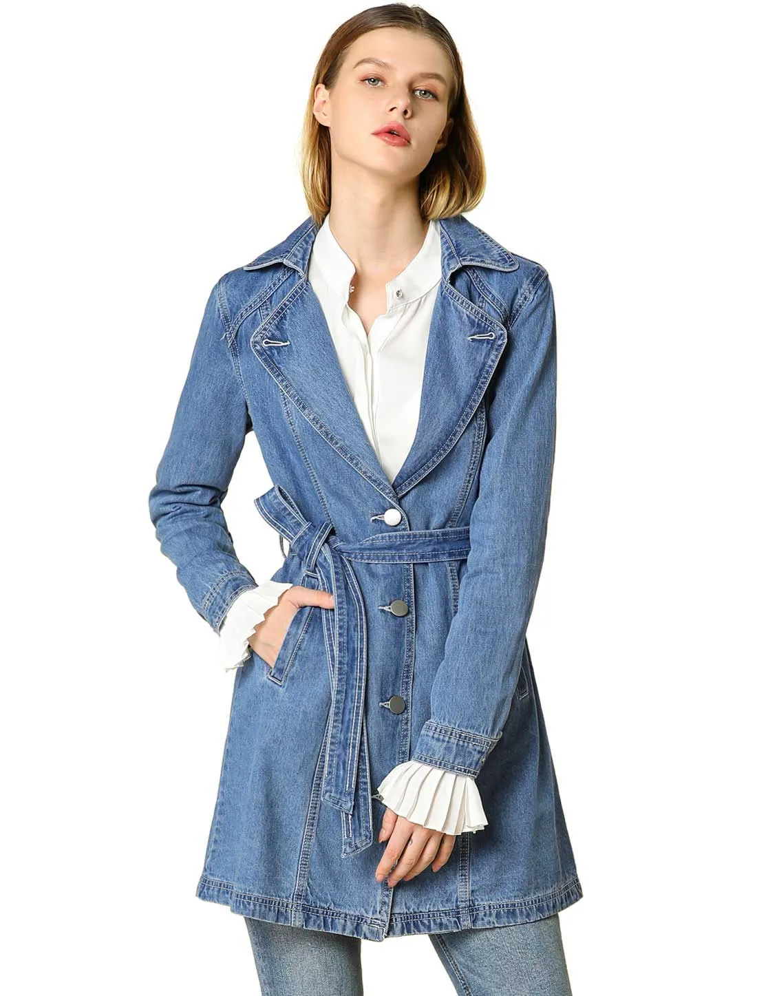 Notched Lapel Belted Trench Long Jean Denim Jacket