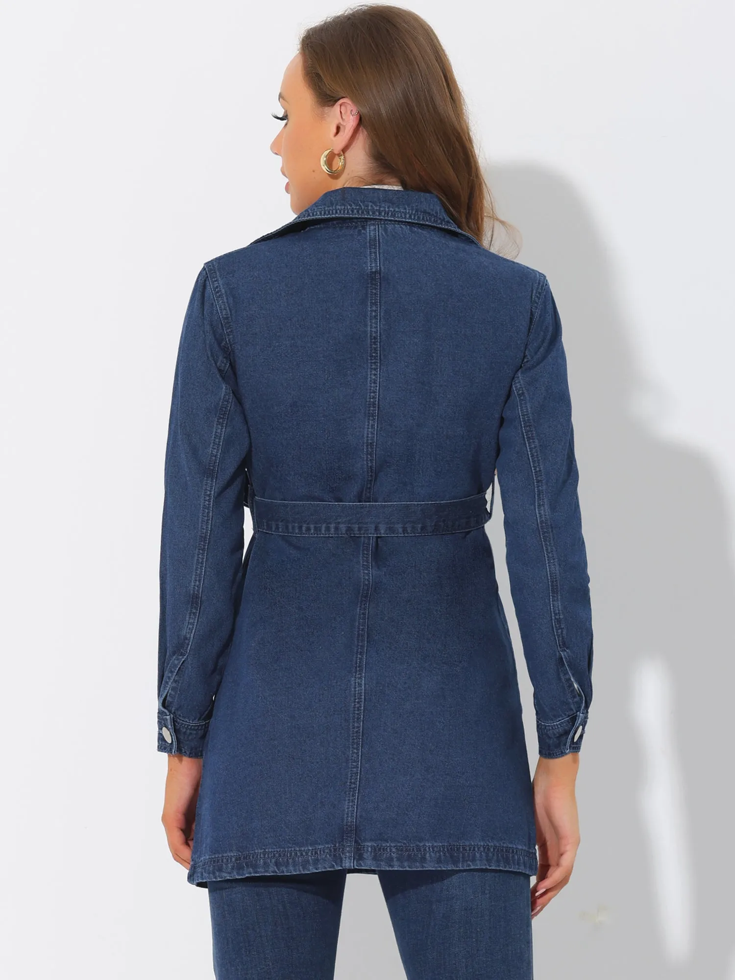 Notched Lapel Belted Trench Long Jean Denim Jacket