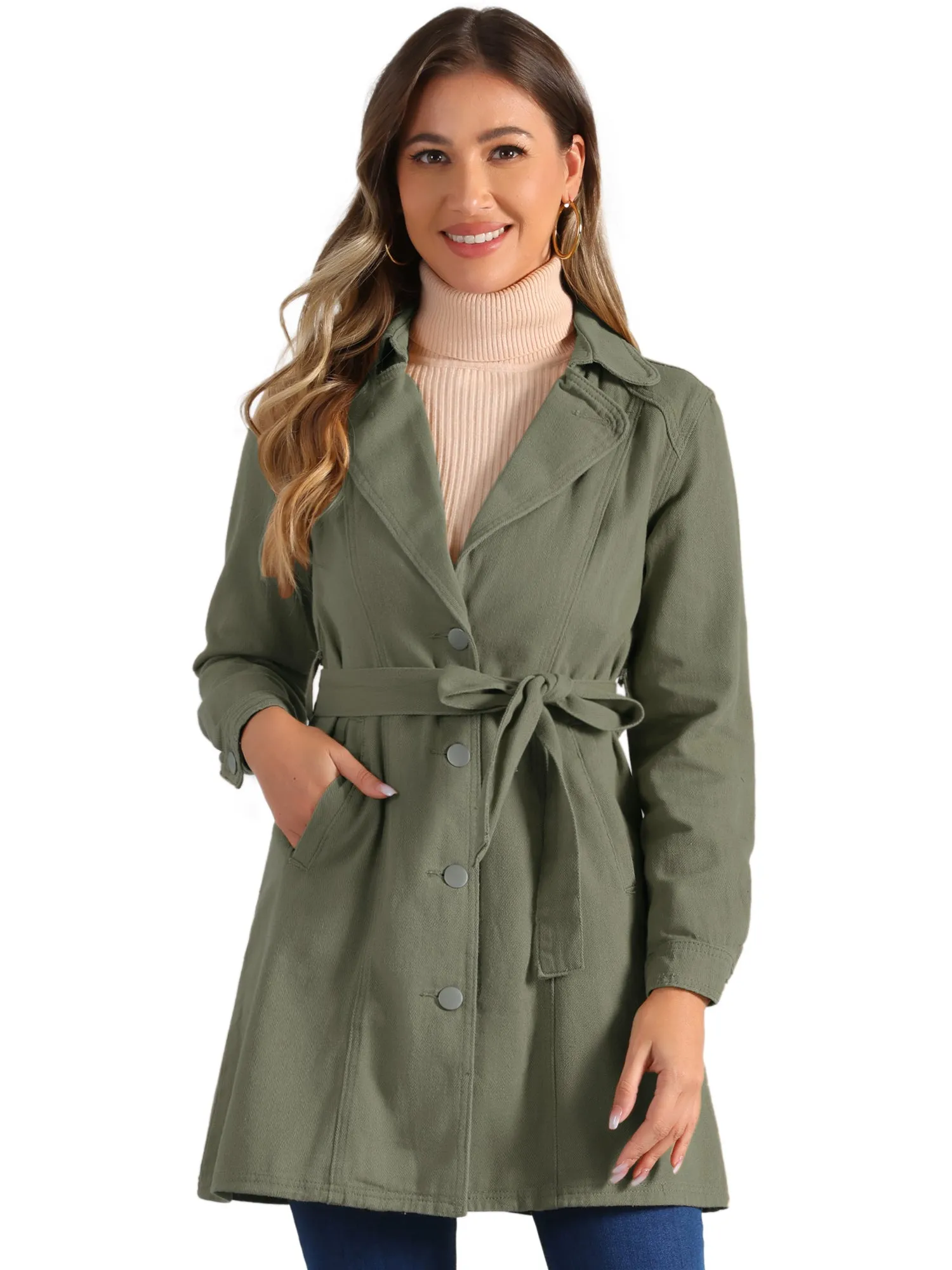 Notched Lapel Belted Trench Long Jean Denim Jacket