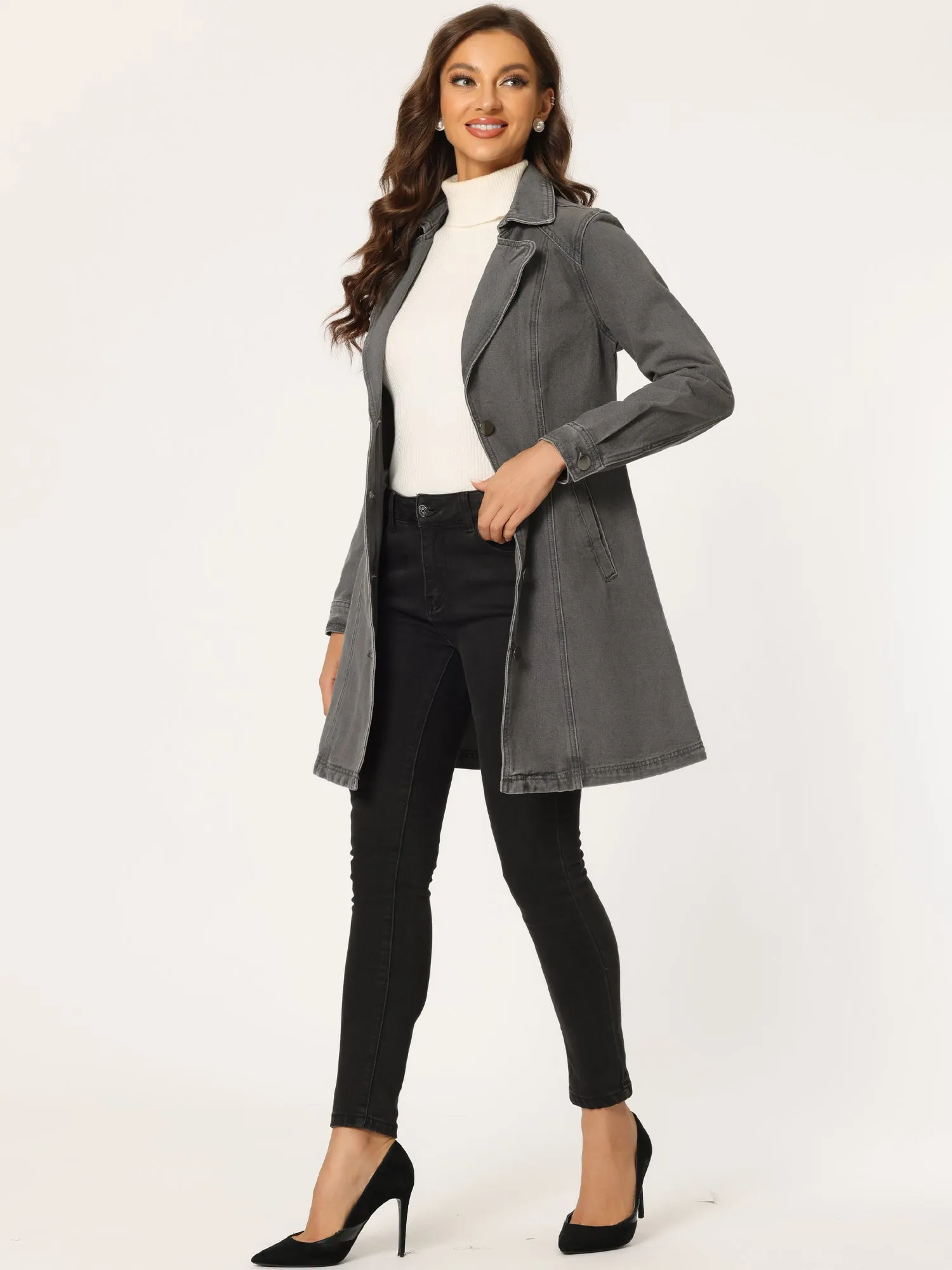 Notched Lapel Belted Trench Long Jean Denim Jacket
