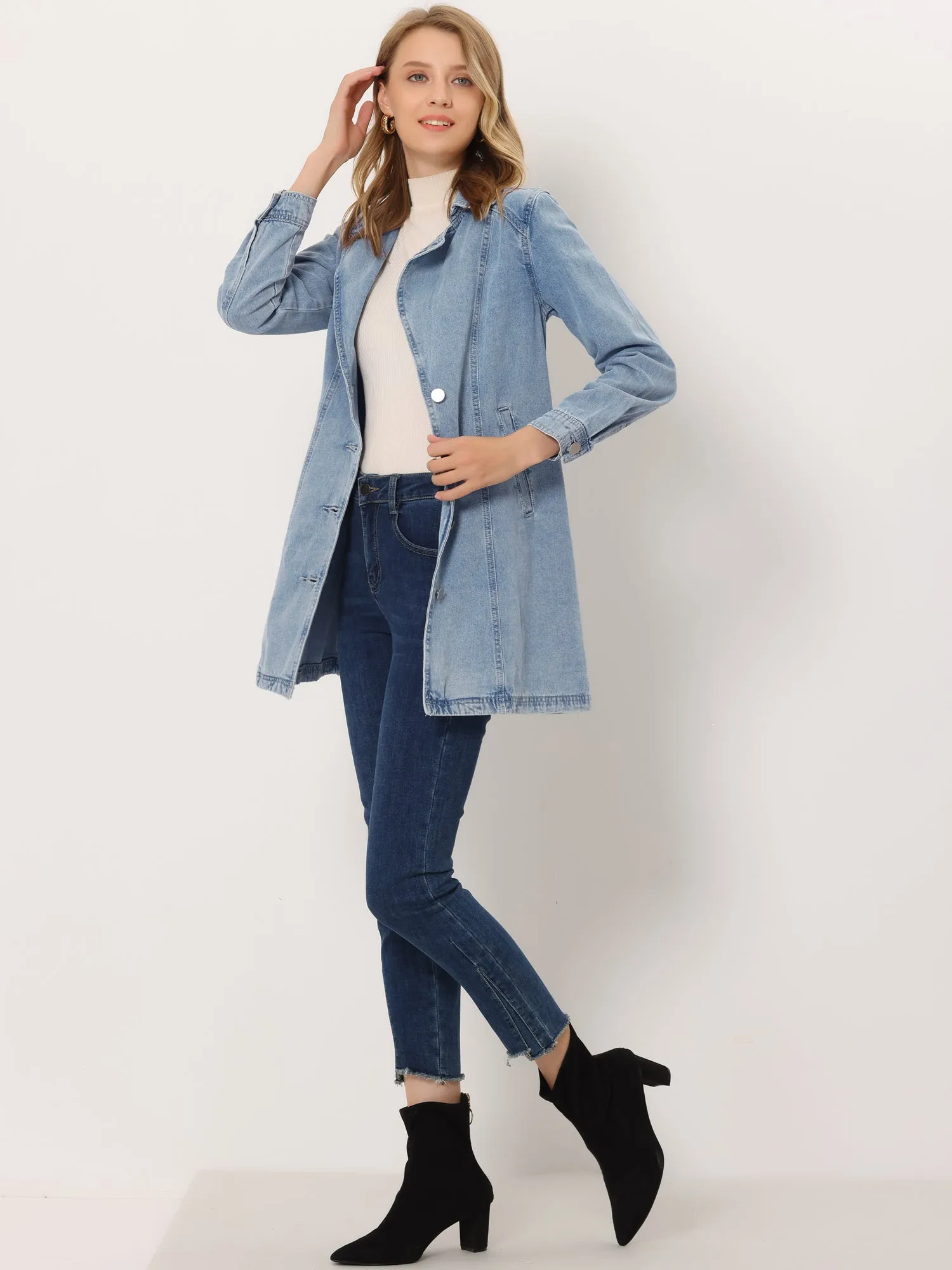 Notched Lapel Belted Trench Long Jean Denim Jacket