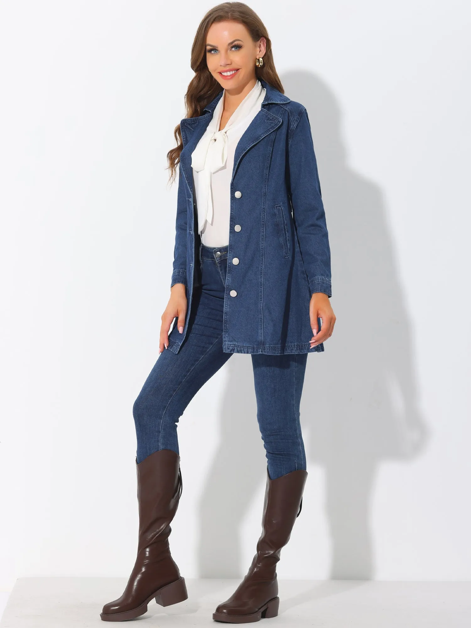 Notched Lapel Belted Trench Long Jean Denim Jacket