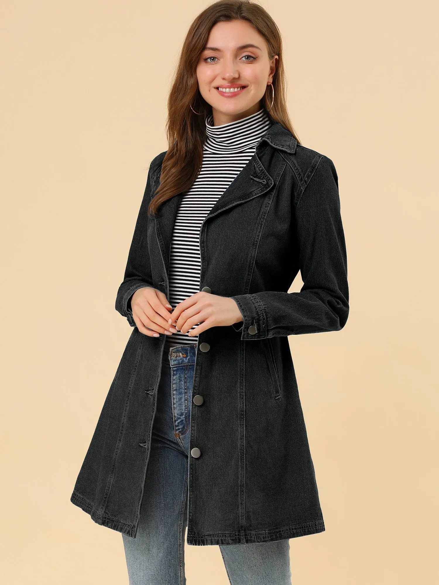 Notched Lapel Belted Trench Long Jean Denim Jacket