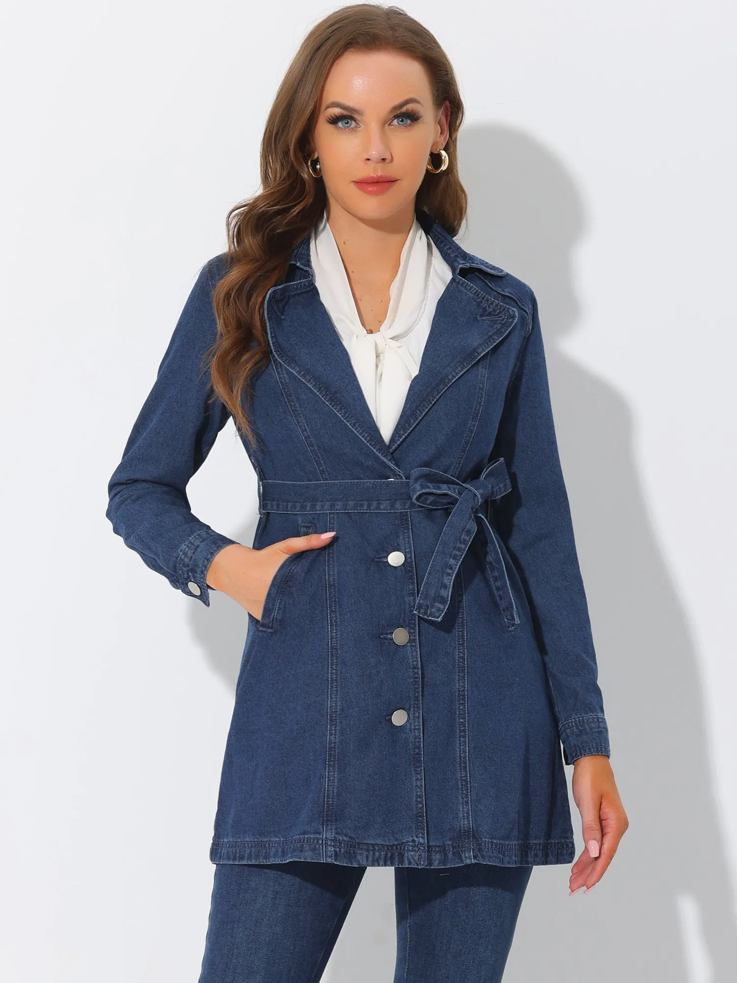Notched Lapel Belted Trench Long Jean Denim Jacket
