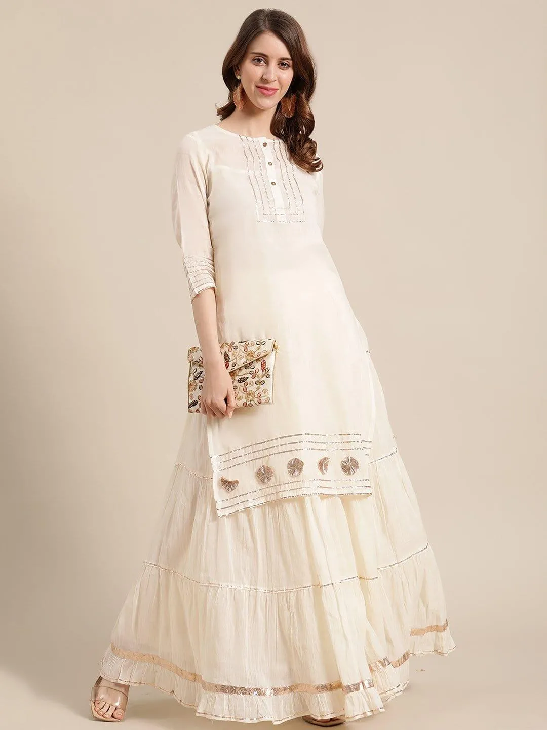 Off White Kora Gota Embellished Short Kurta With Off White Gota Skirt