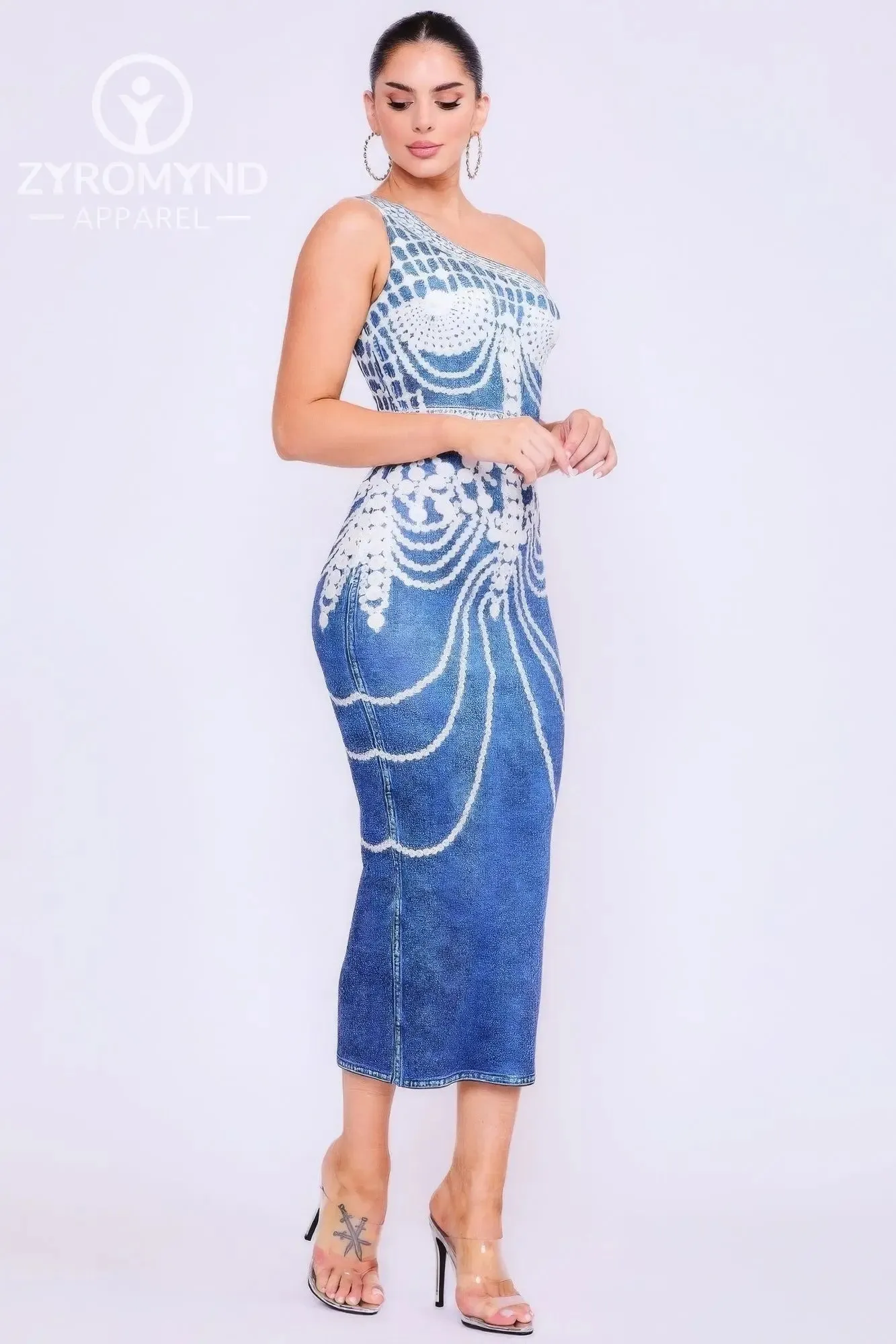 One Shoulder Denim Print Dress