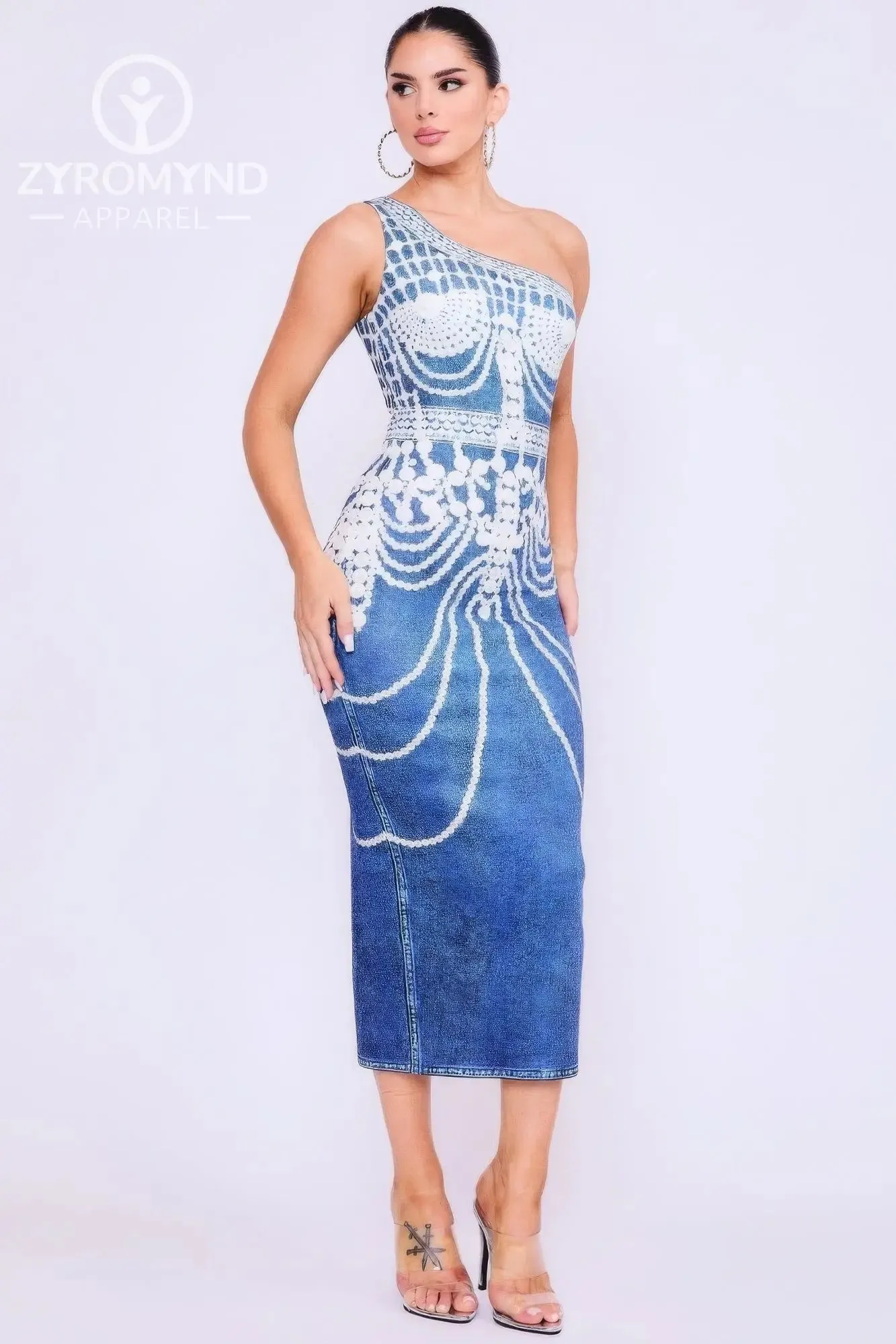 One Shoulder Denim Print Dress