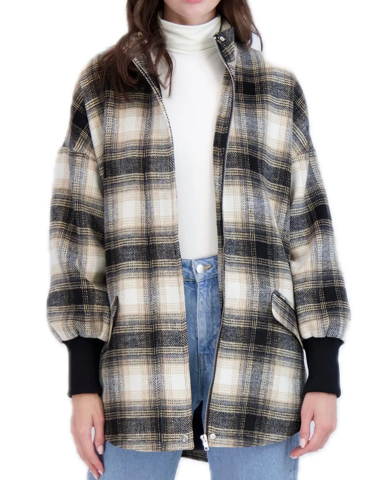 Ookie & Lala Zip Front Vegan Cashmere Plaid Jacket with Drop Shoulder & Rib Cuffs