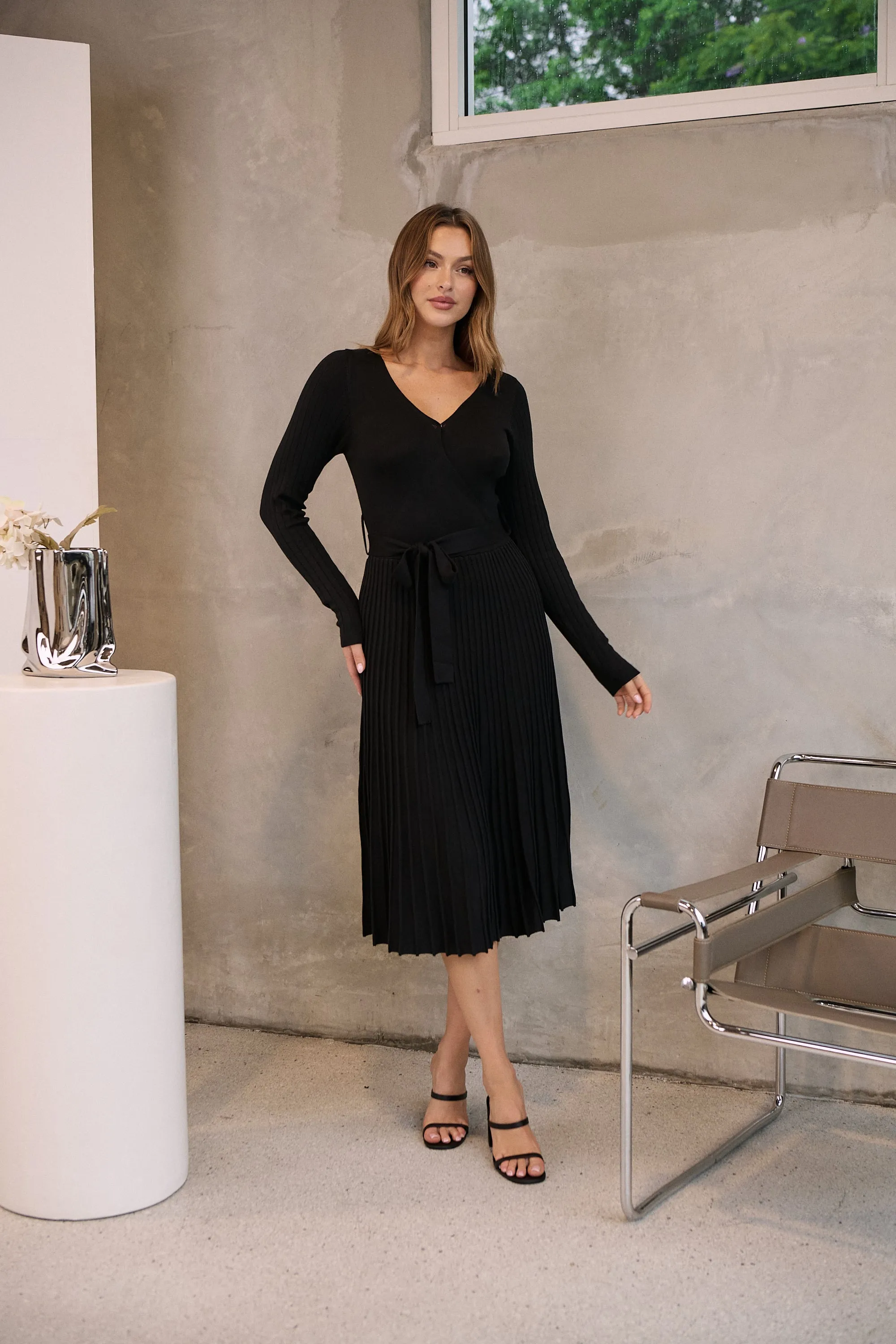 Parker Black Long Sleeve Pleated Knit Midi Dress