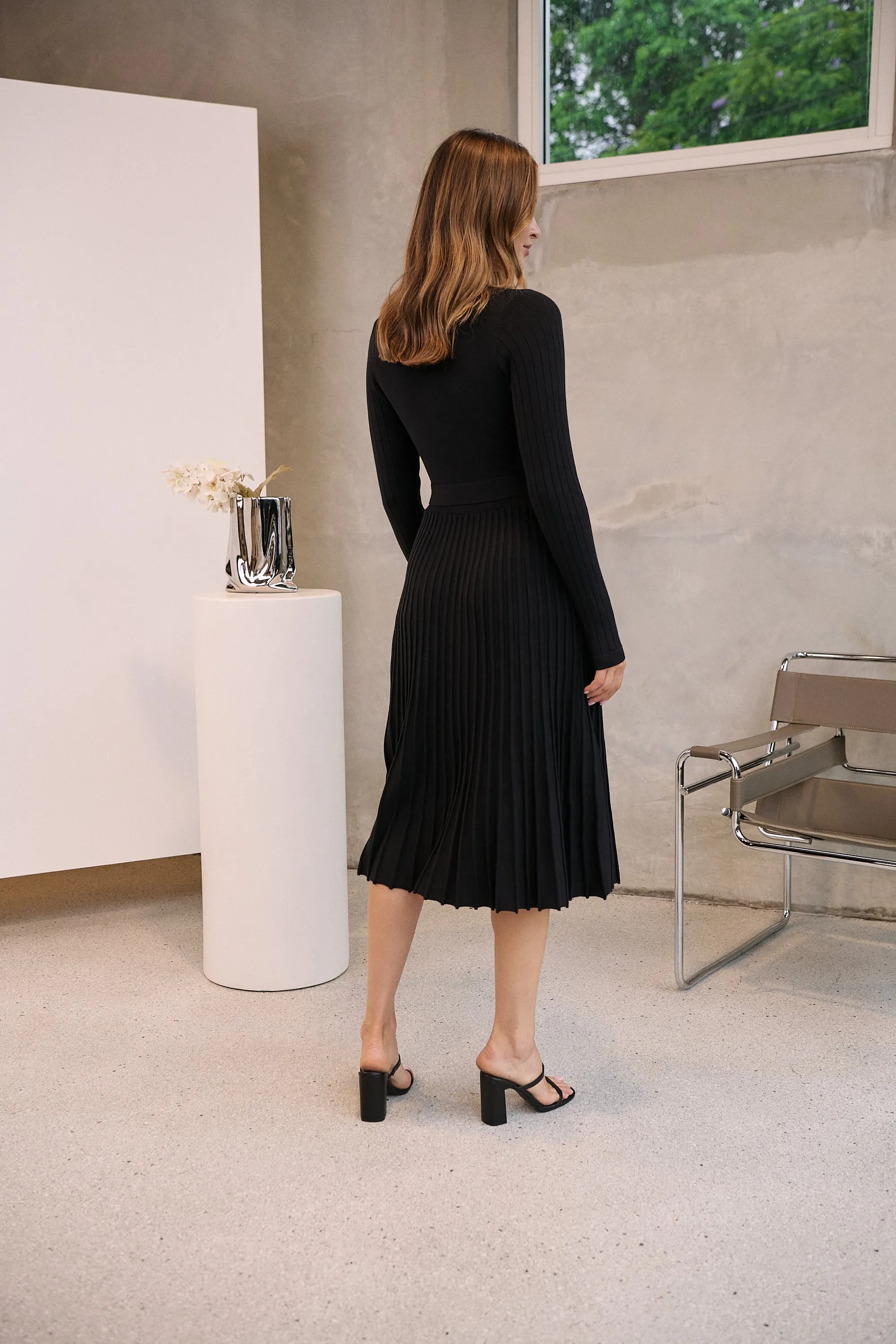 Parker Black Long Sleeve Pleated Knit Midi Dress