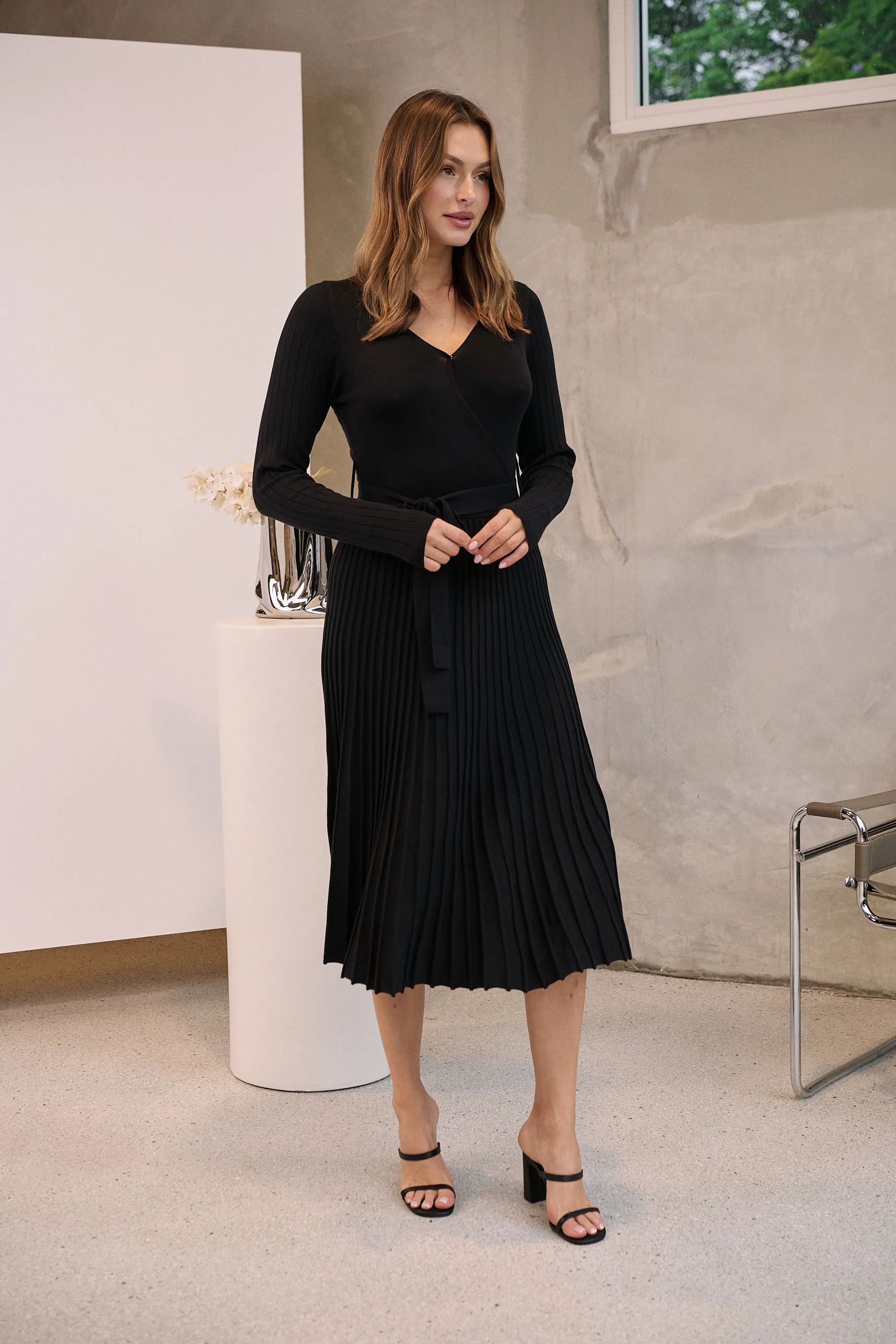 Parker Black Long Sleeve Pleated Knit Midi Dress