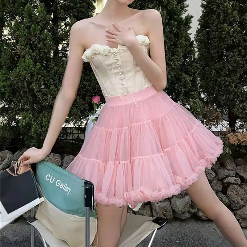 Pastel Pink Ballerina Tulle Tutu Skirt Puffy Ruffle Layered Lolita Petticoat Underskirt