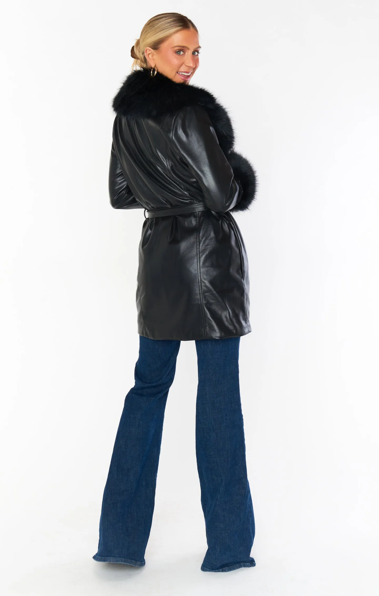 Penny Lane Coat ~ Black Faux Leather with Faux Fur