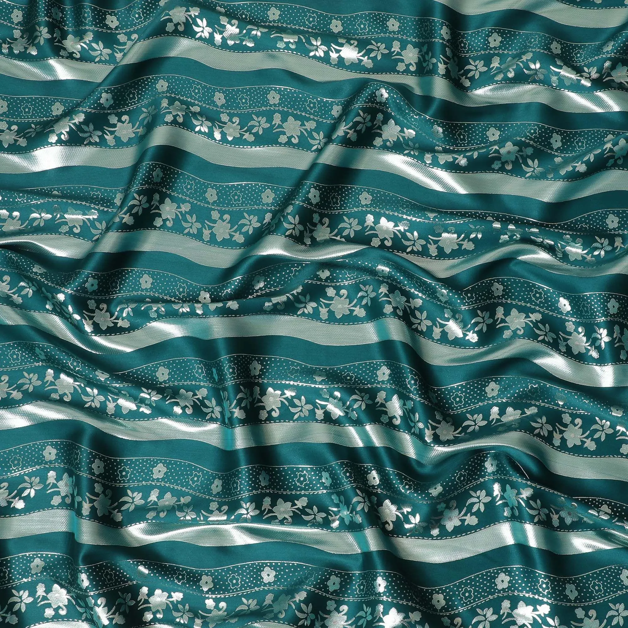 Petrol green pure silk satin fabric with same tone and silver film metallic in stripe design-D11049