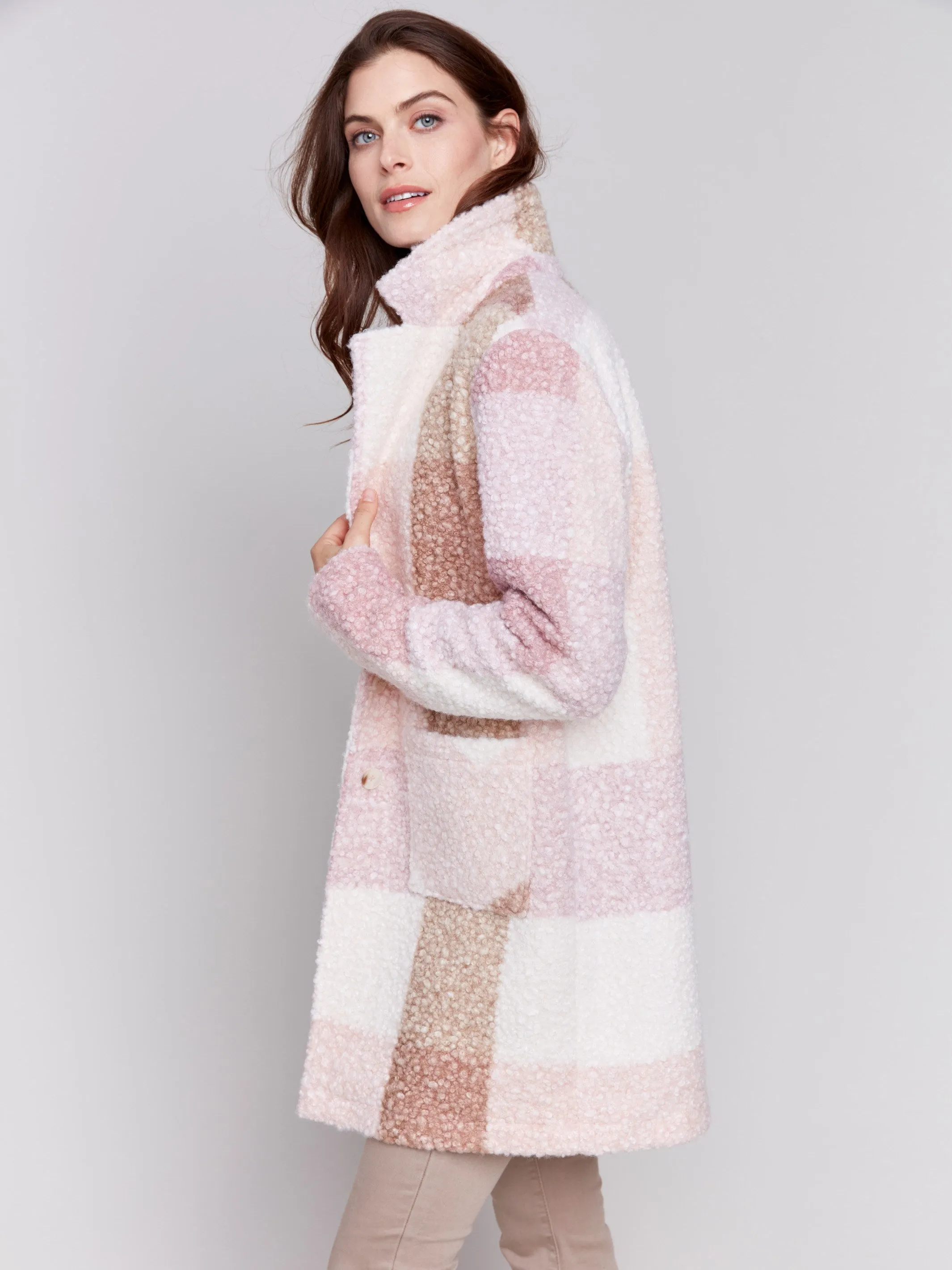 Plaid Bouclé Knit Coat - Woodrose