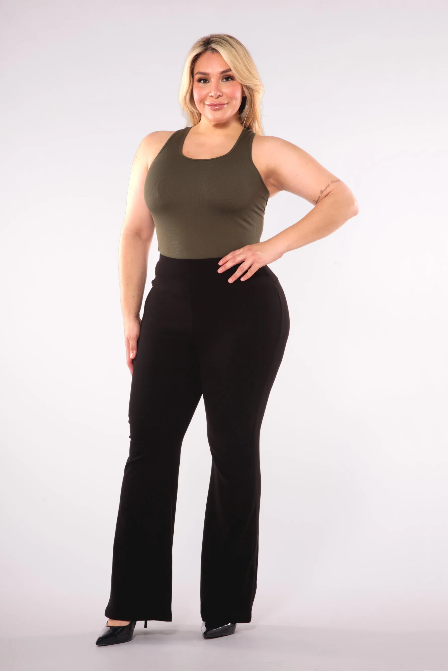 Plus Size High Waist Soft Brushed Flare Pants - Black