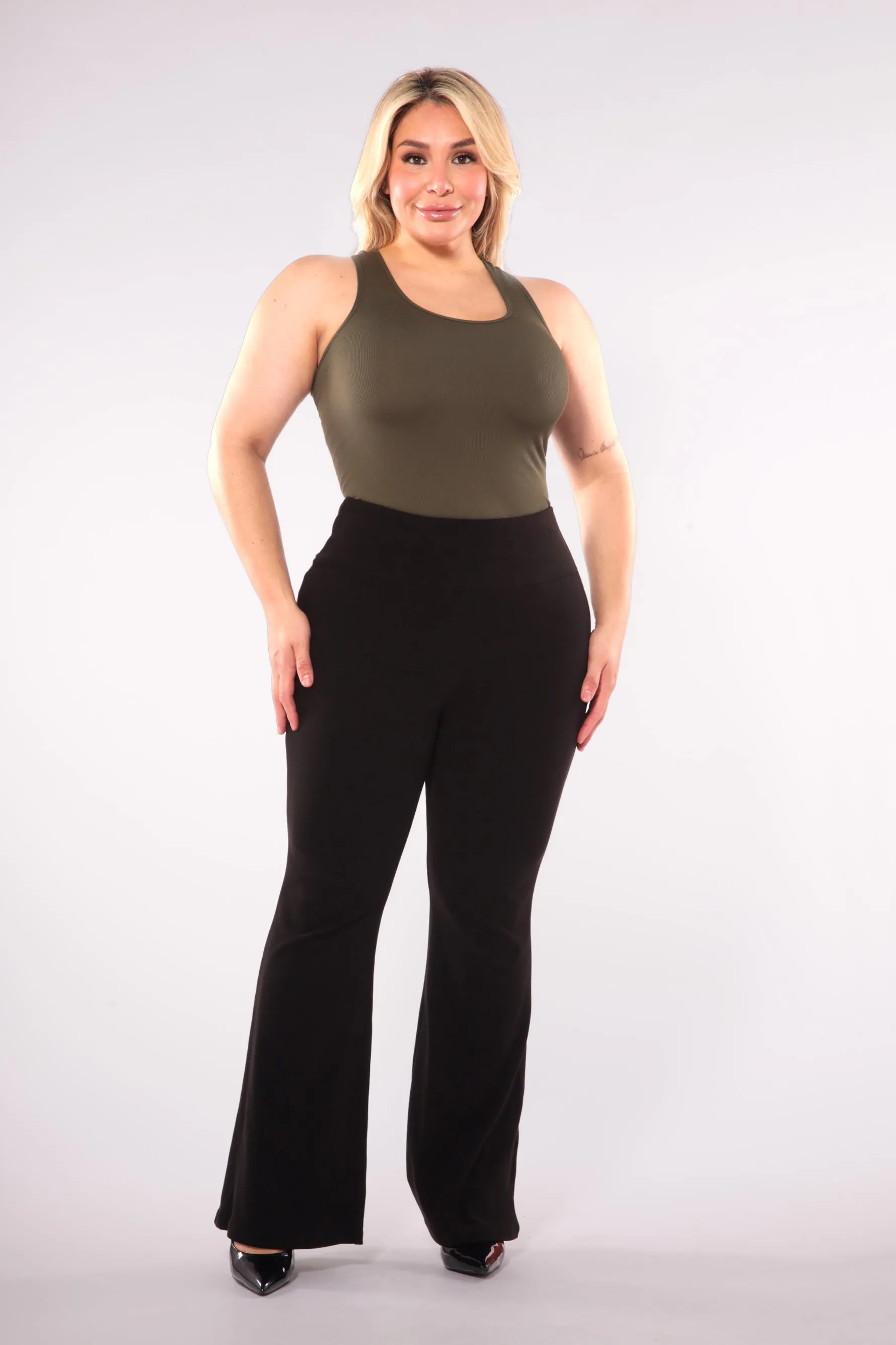 Plus Size High Waist Soft Brushed Flare Pants - Black