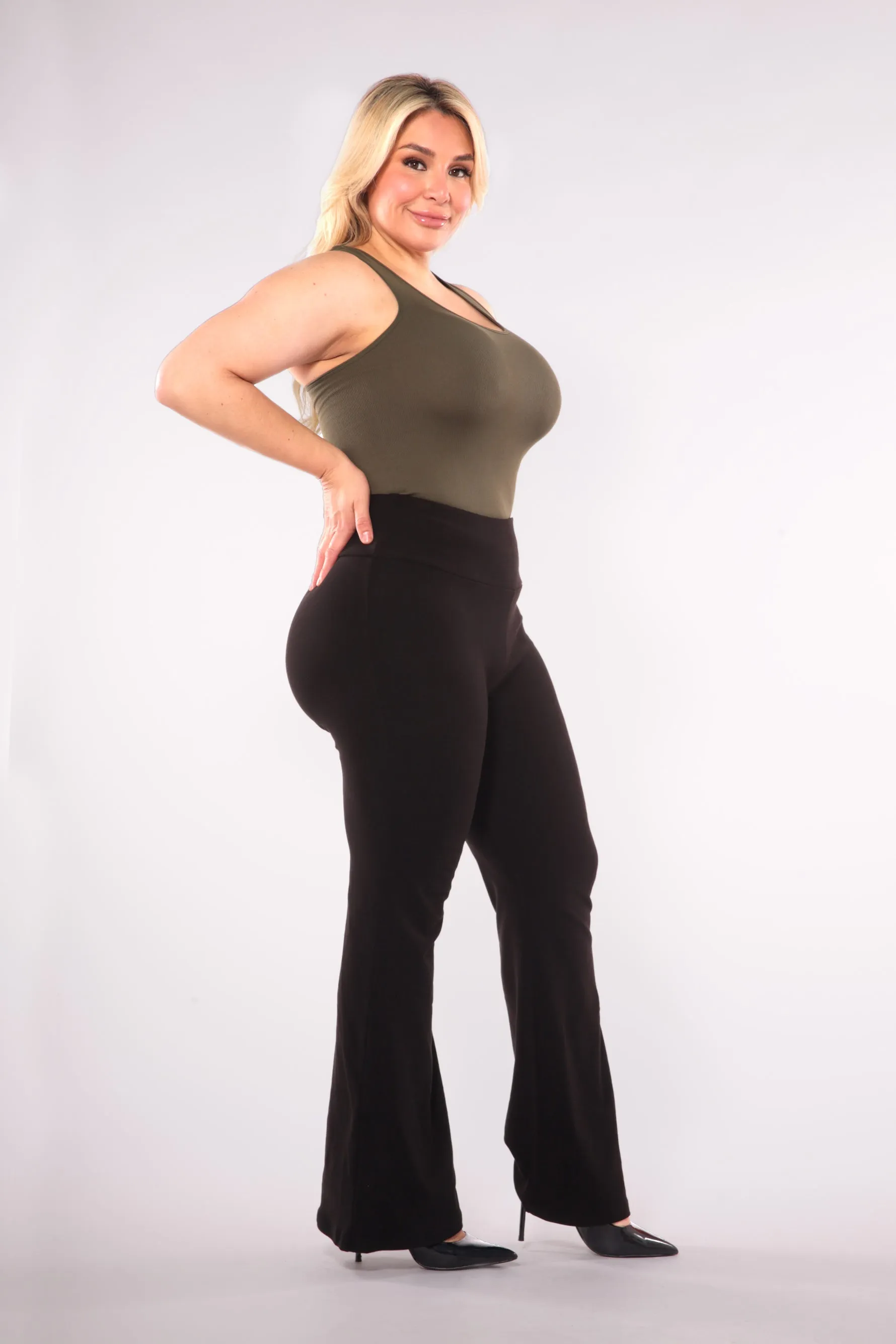 Plus Size High Waist Soft Brushed Flare Pants - Black