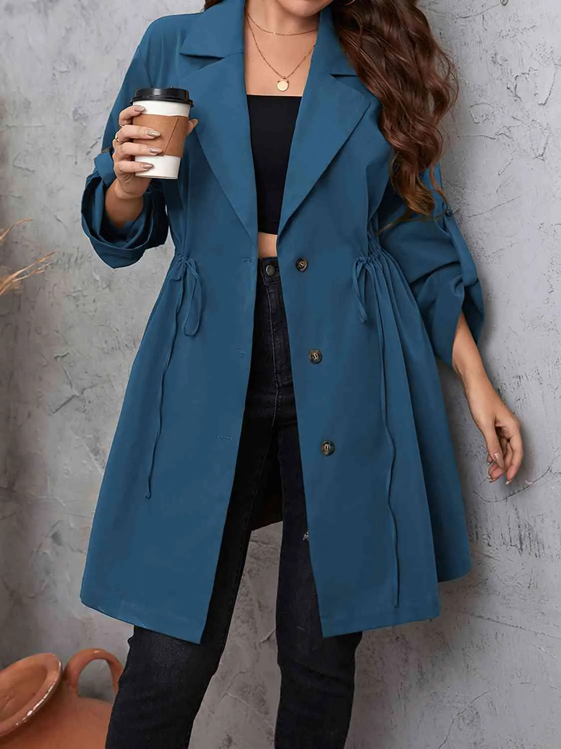 Plus Size Lapel Collar Drawstring Roll-Tab Sleeve Trench Coat