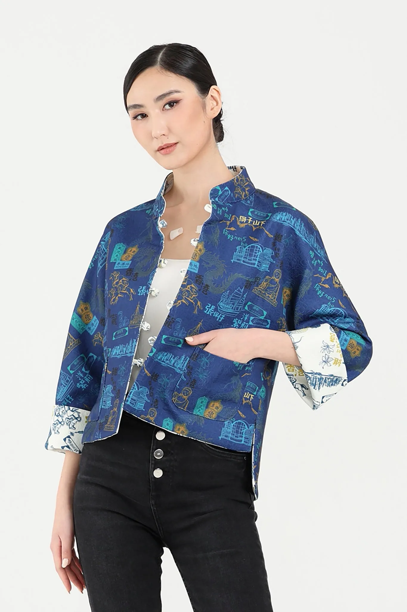 PRESLEY HK Print Reversible Oriental Jacket (White/Navy)