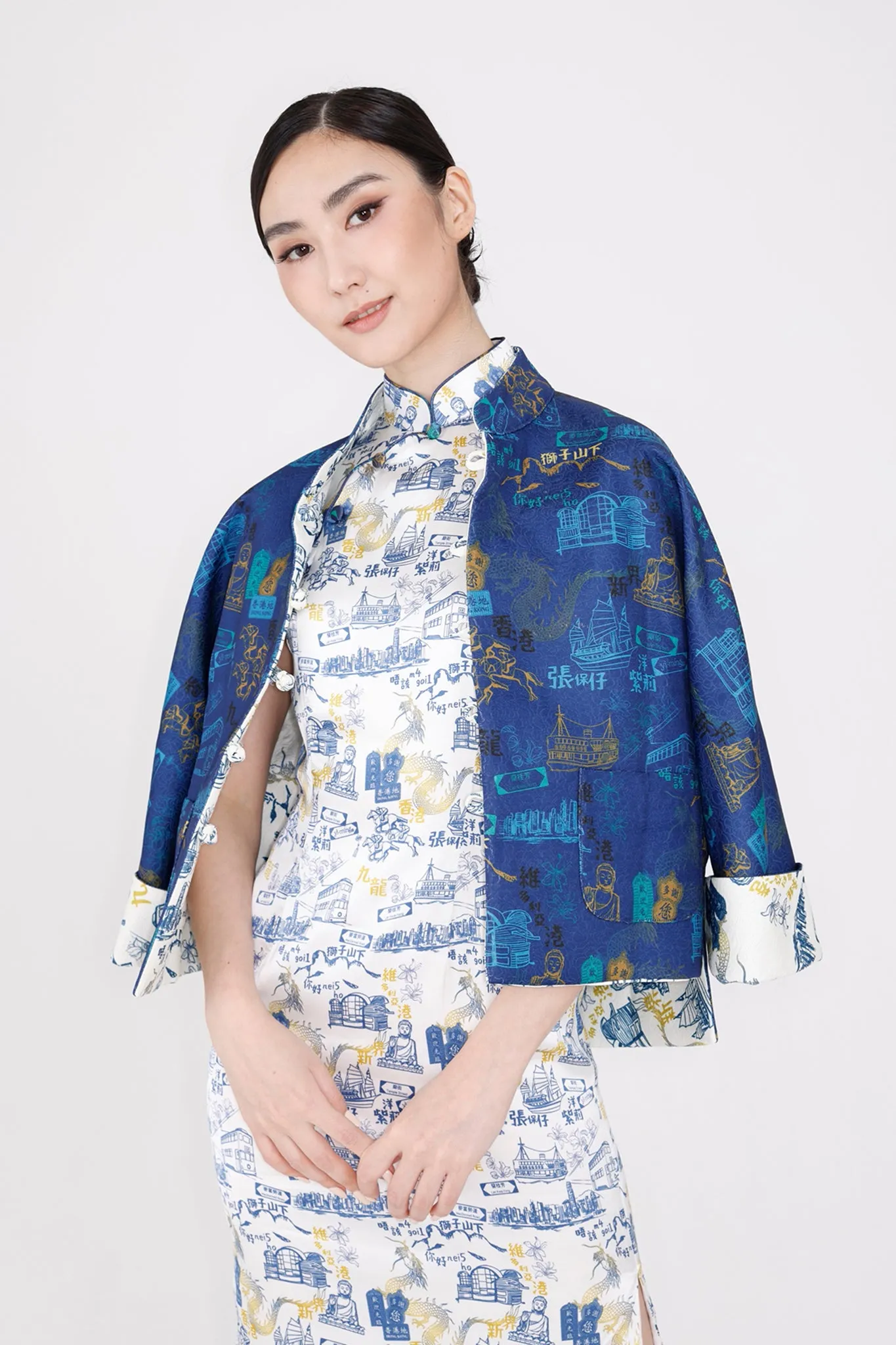 PRESLEY HK Print Reversible Oriental Jacket (White/Navy)