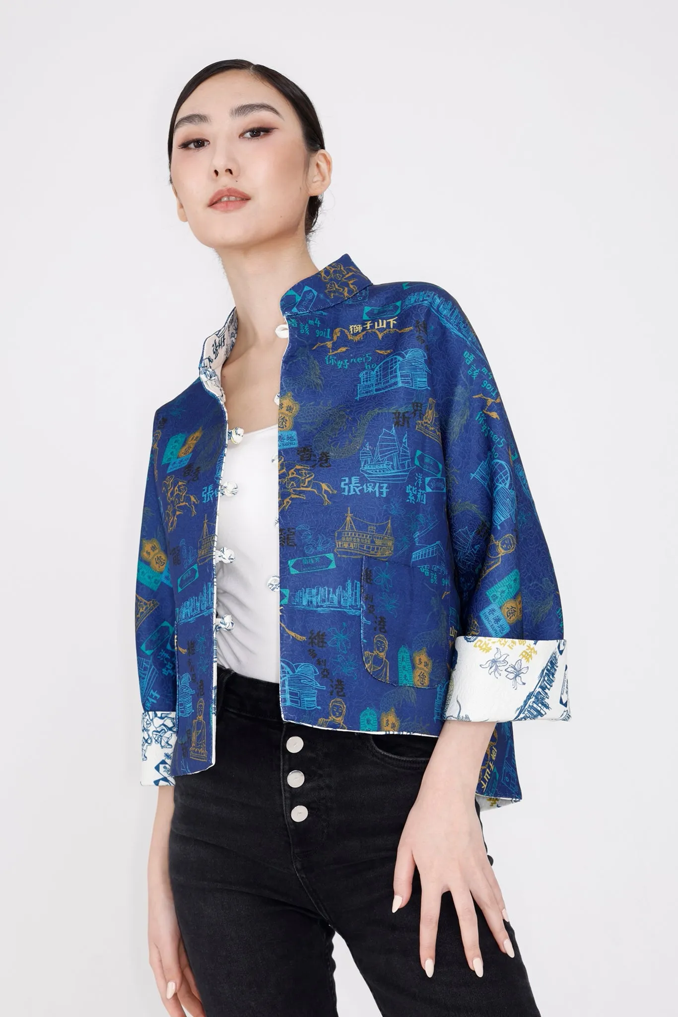 PRESLEY HK Print Reversible Oriental Jacket (White/Navy)