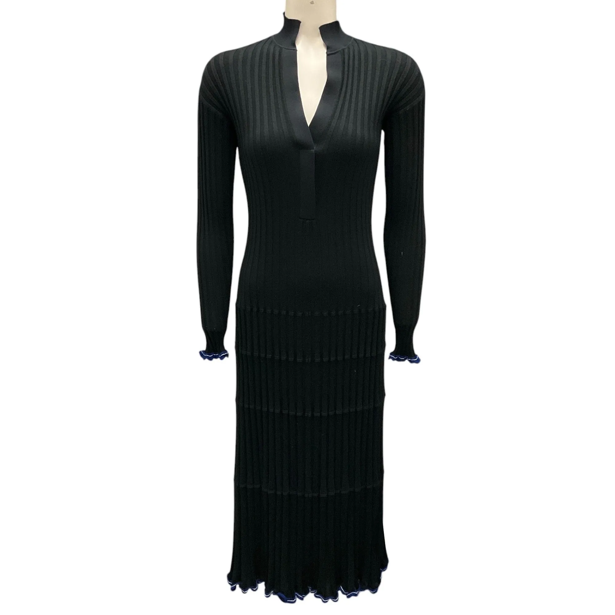 Proenza Schouler Black / Blue Pleated Ribbed Knit V-Neck Midi Dress