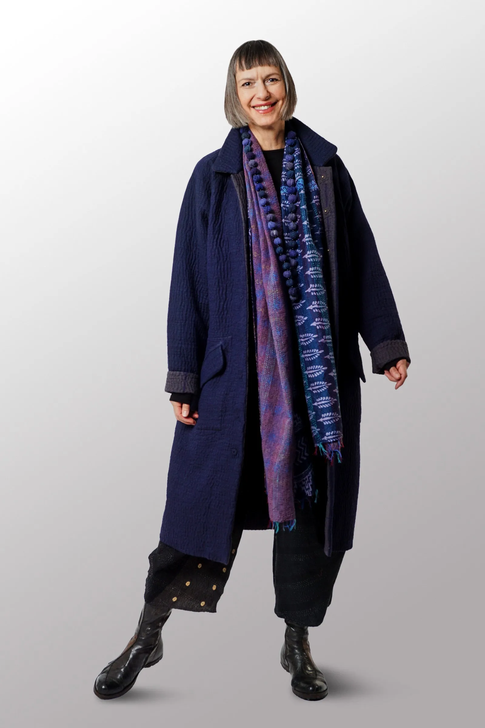 QUILTED VINTAGE COTTON WITH FLANNEL KANTHA RAGLAN SLEEVE COAT - fq5337-blu -