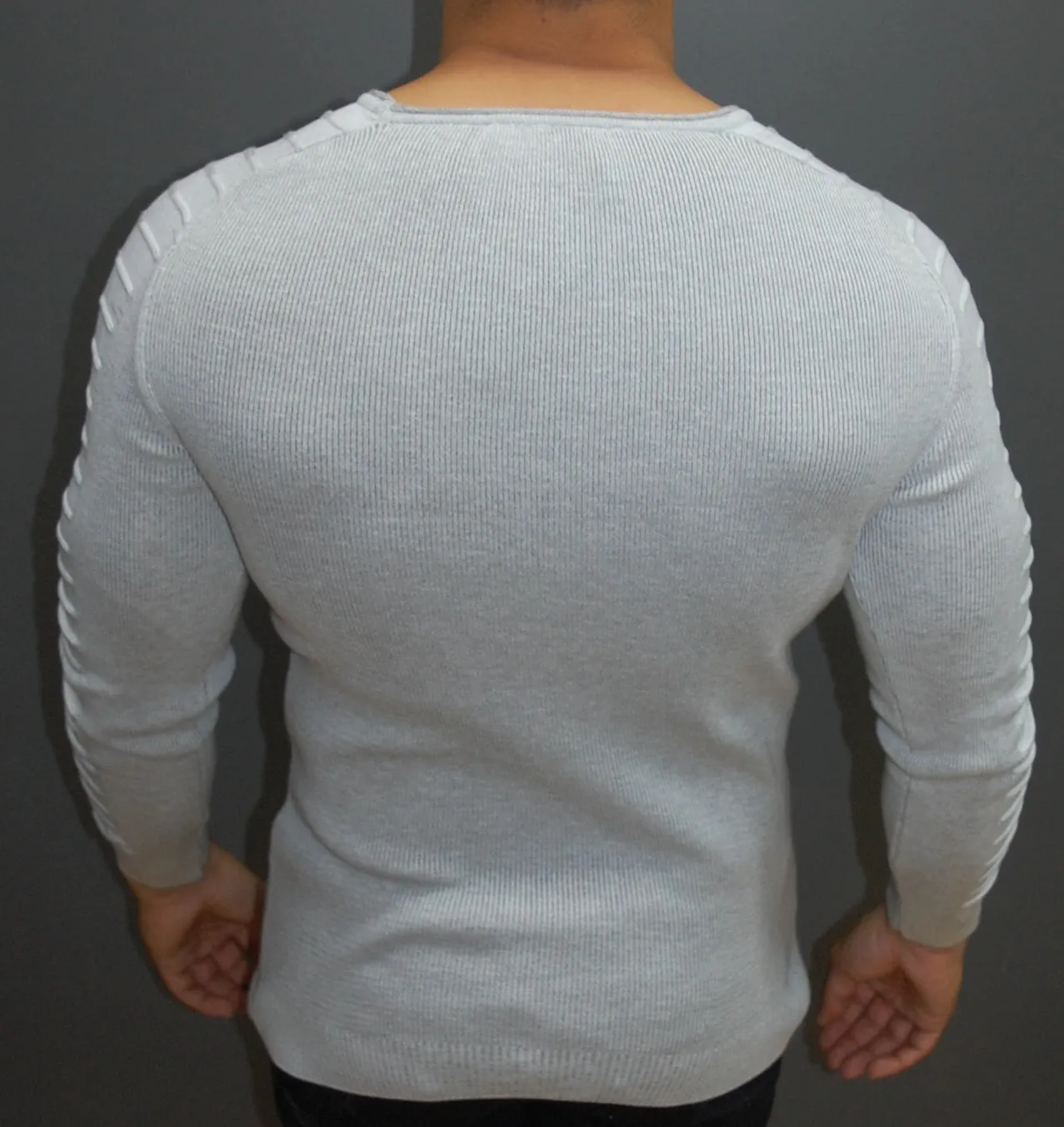 R&R Men Stylish Side Arm Ribbed Crew Neck Sweater - White