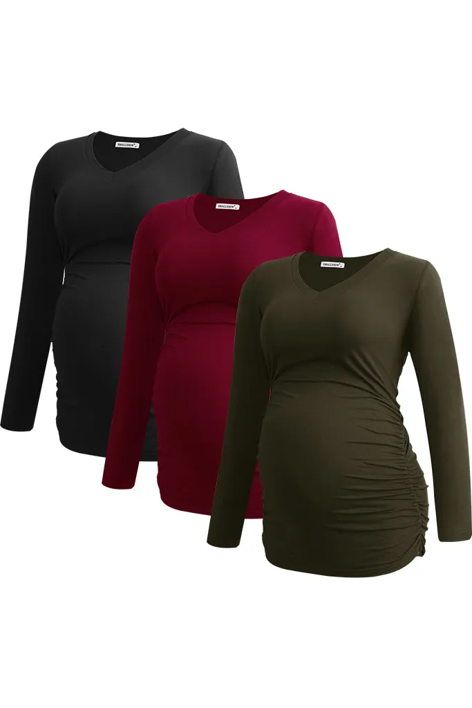 Smallshow V Neck Long Sleeve Maternity Shirts 3-Pack