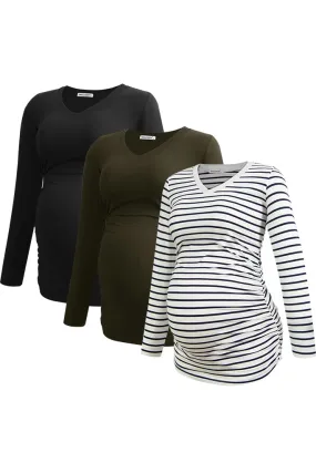 Smallshow V Neck Long Sleeve Maternity Shirts 3-Pack