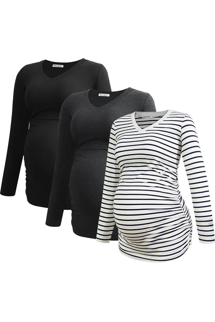 Smallshow V Neck Long Sleeve Maternity Shirts 3-Pack