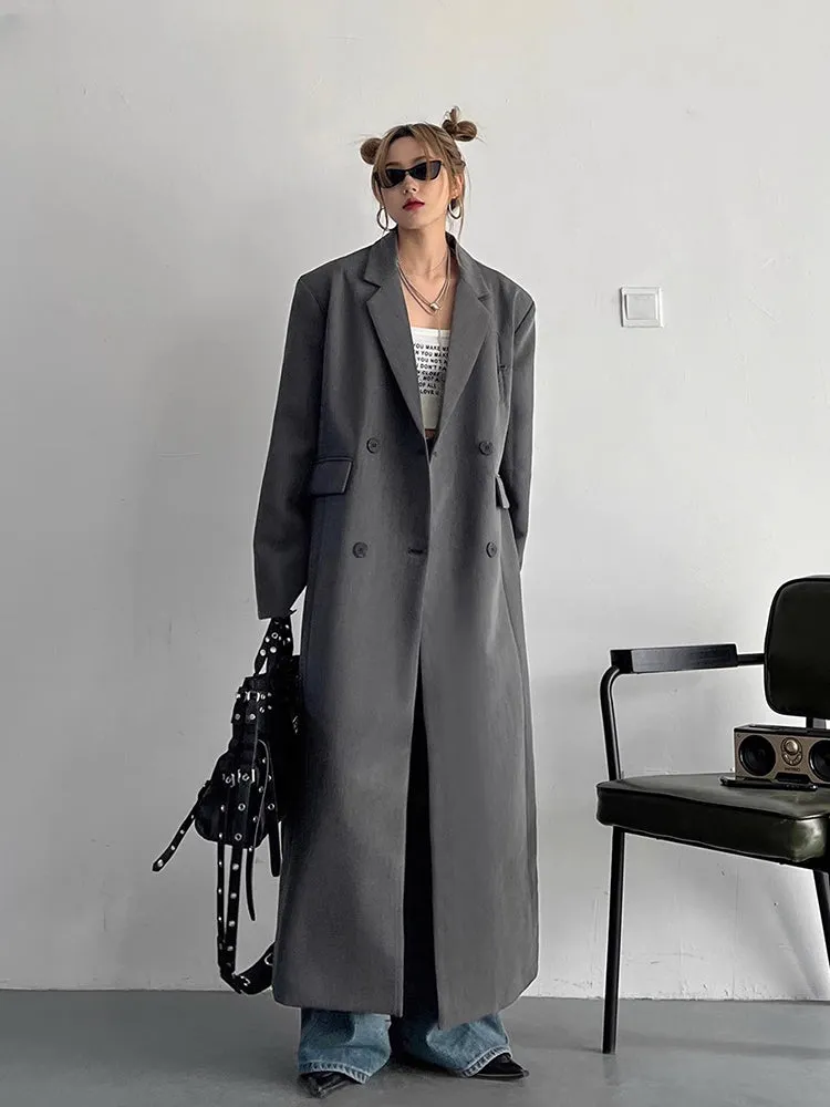 Spring Autumn Long Grey Black Double Breasted Loose Casual Korean Fashion 2024 Stylish Coat