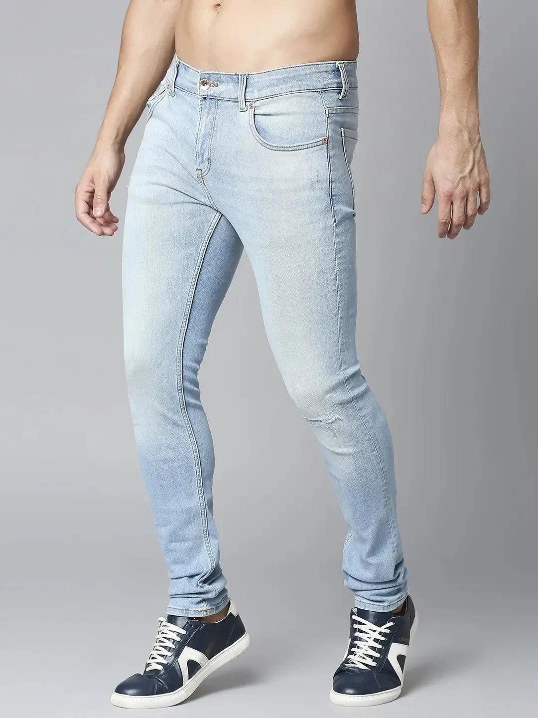 Spykar Limited Edition Light Blue Slim Fit Narrow Length Low Rise Knee Slit Premium Stretchable Denim Jeans For Men (Skinny)