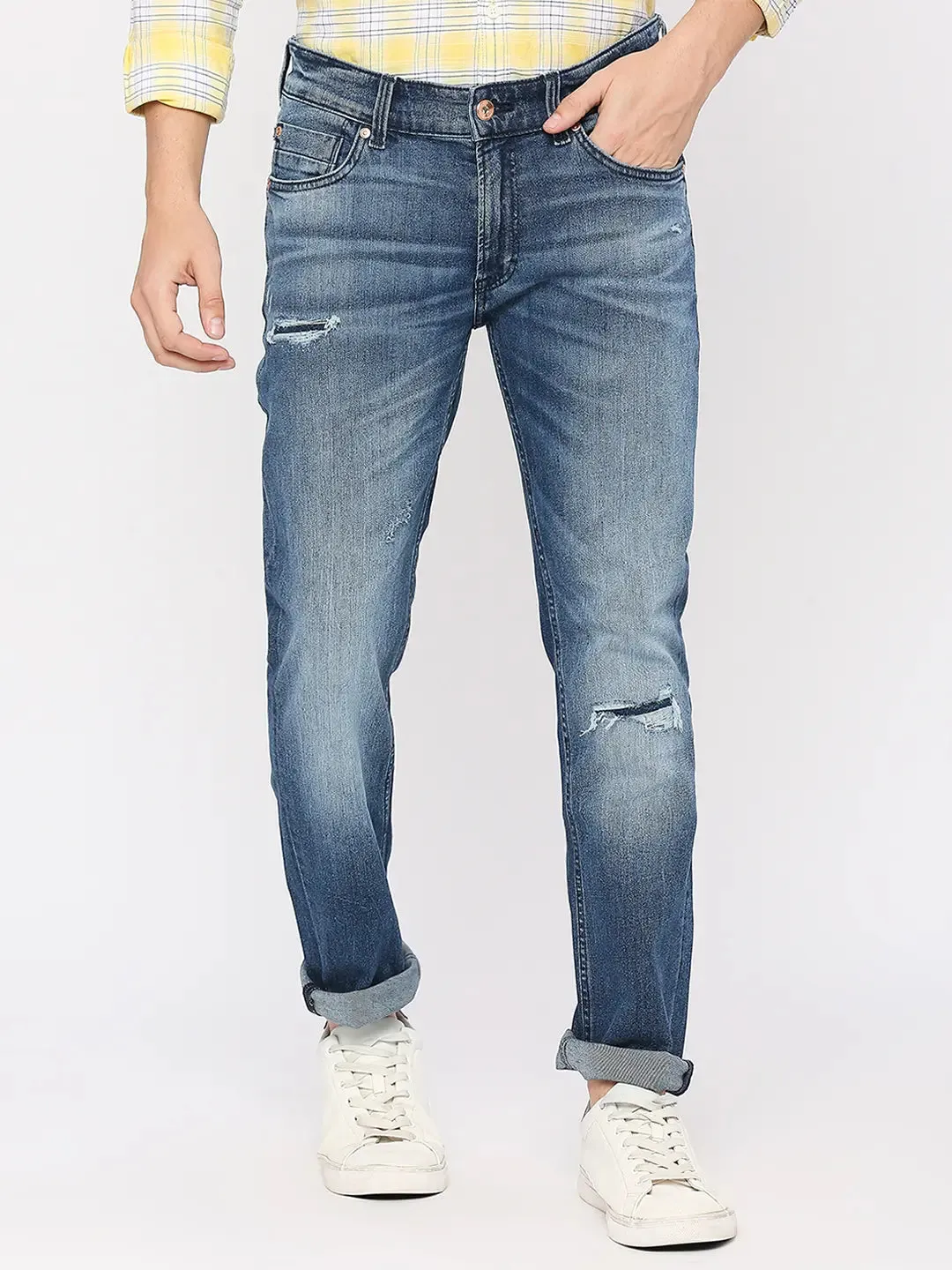 Spykar Men Mid Blue Cotton Regular Fit Narrow Length Knee Slash Mid Rise Limited Edition Jeans (Rover)