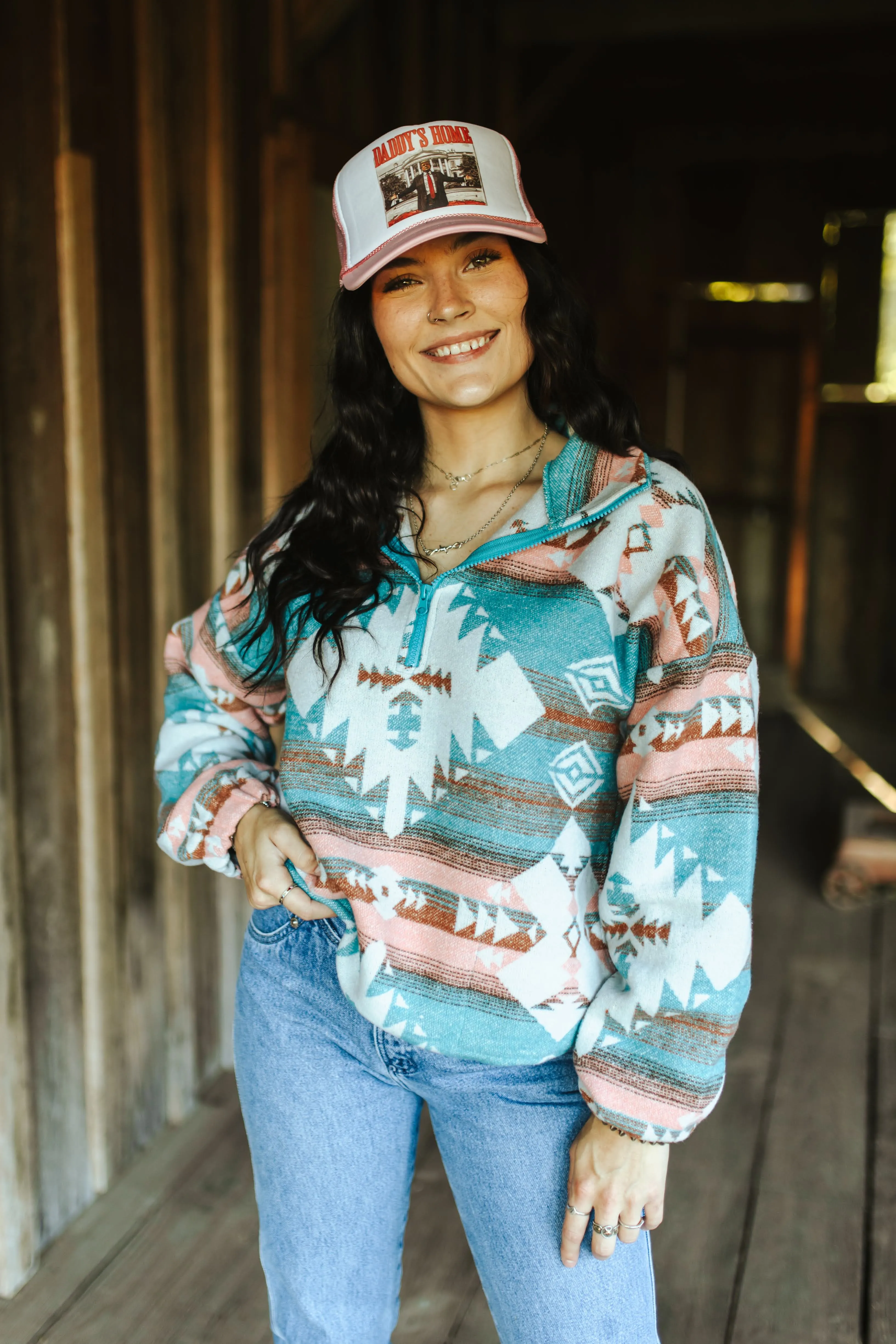 Teal Aztec Half-Zip Woven Sweater