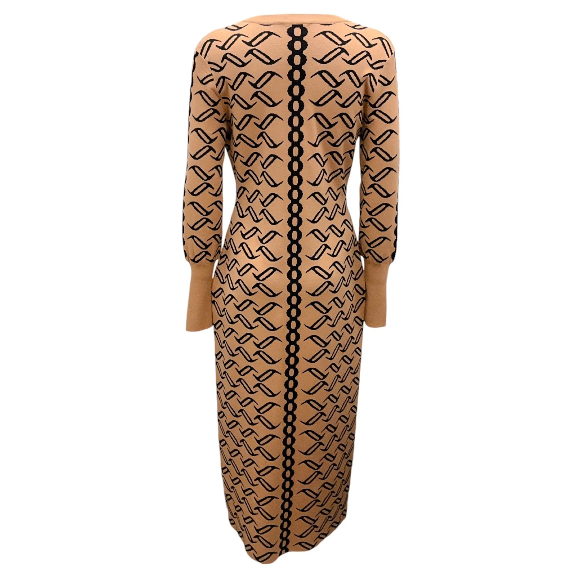 Temperley London Tan / Black Printed Long Sleeved Knit Midi Dress