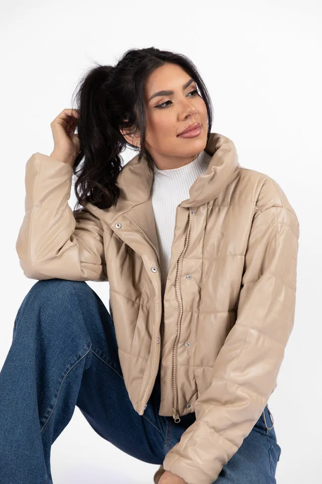 Things Take Time Khaki Faux Leather Puffer Jacket