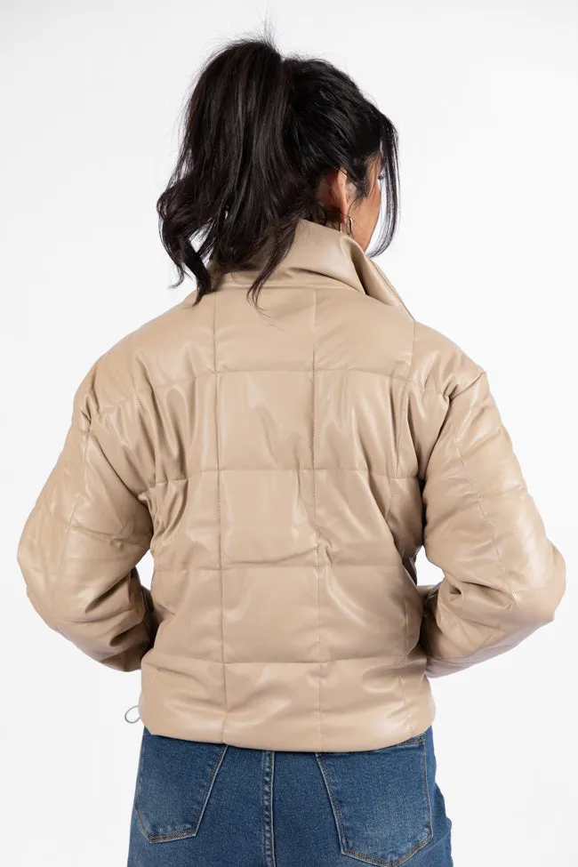 Things Take Time Khaki Faux Leather Puffer Jacket